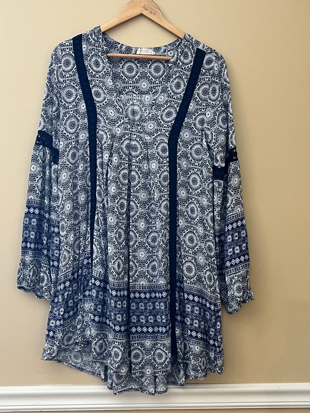 Altard State Women’s Tunic Dress Blouse Blue White Boho Hippie Peasant Size M